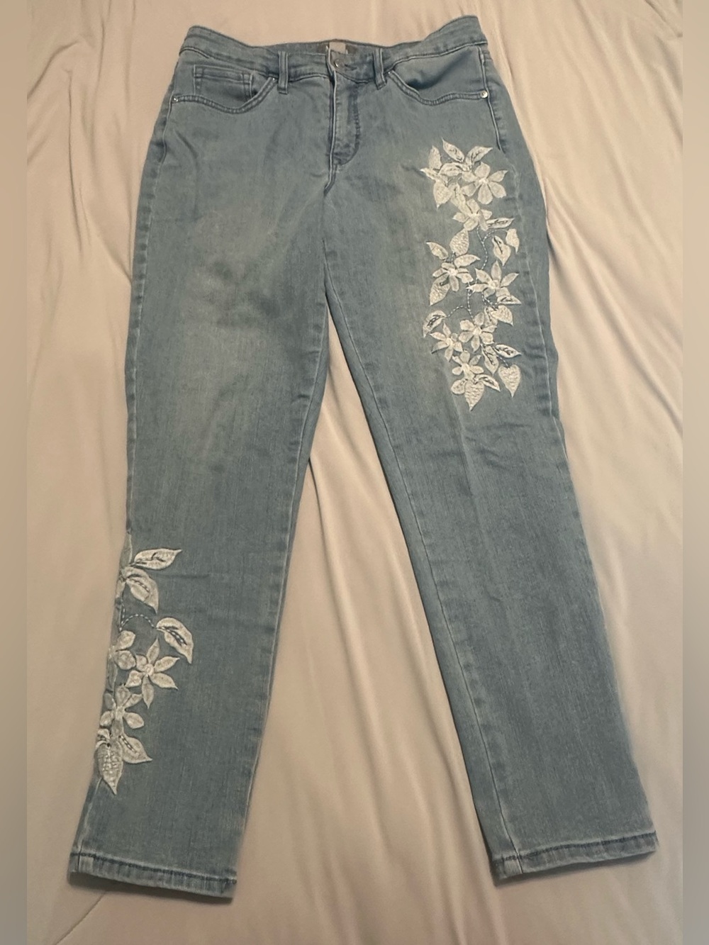 Martha Stewart Light Blue Straight-Leg Jeans with White Floral Appliqué